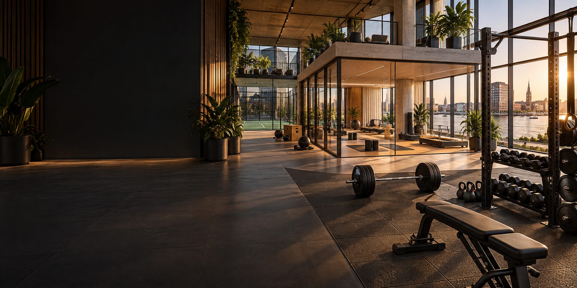 Modernes Sportstudio mit Langhantel, Hantelbank und Blick auf Stadt und Wasser im Abendlicht
